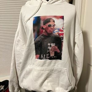 White hoodie with Dennis Rodman on front and back size large